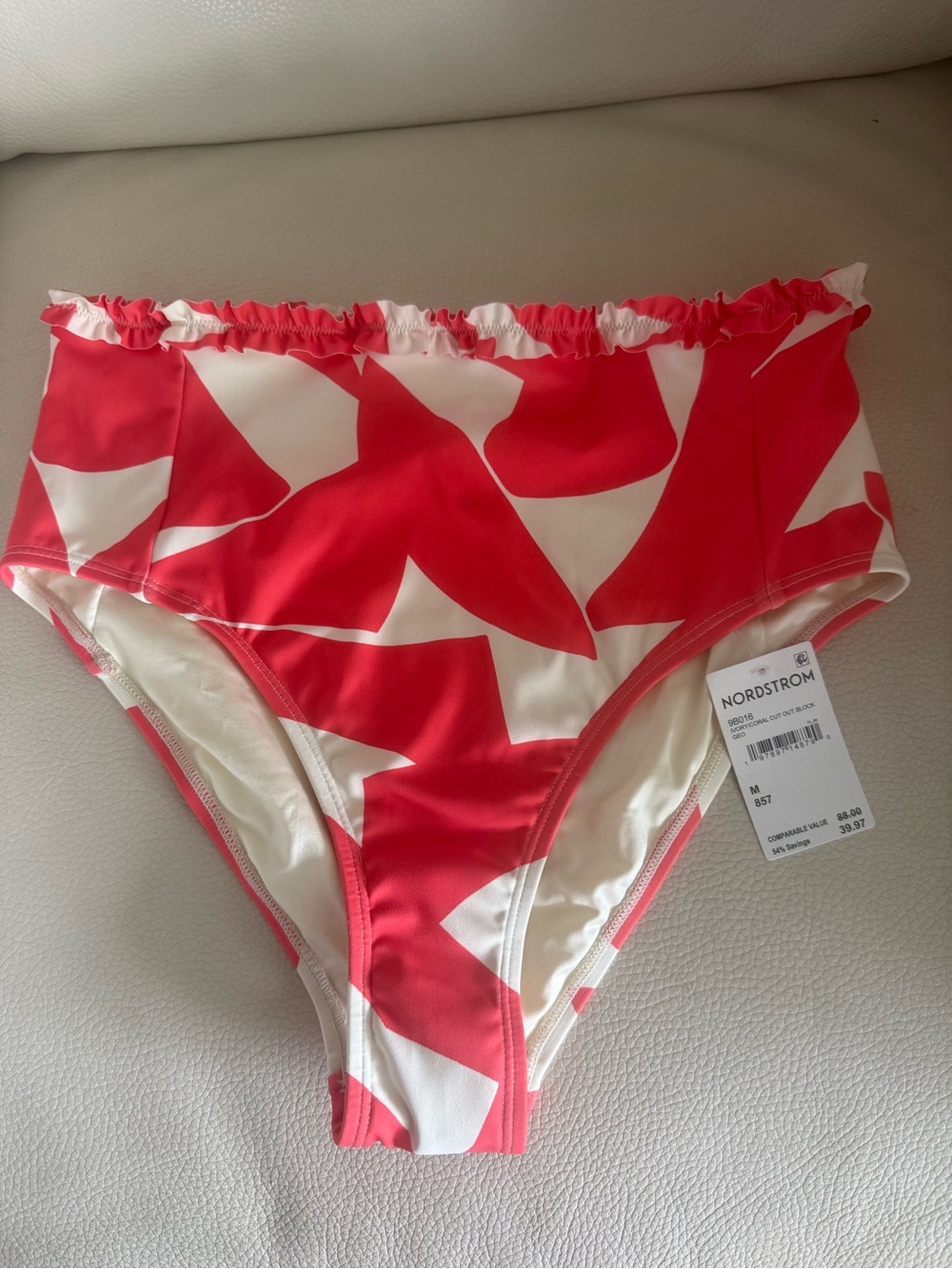 Nordstrom High-Waist Swim Bottoms in Coral & White Abstract Print